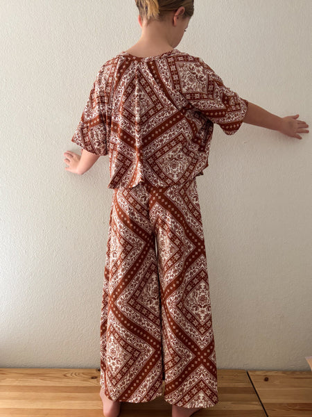 brown floral handkerchief boxy crop tee + wide leg pants