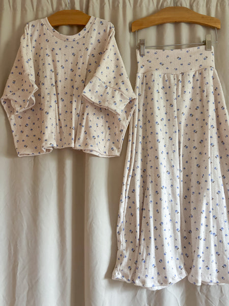 blue/oatmeal cotton pointelle boxy tee + cropped wide leg pants