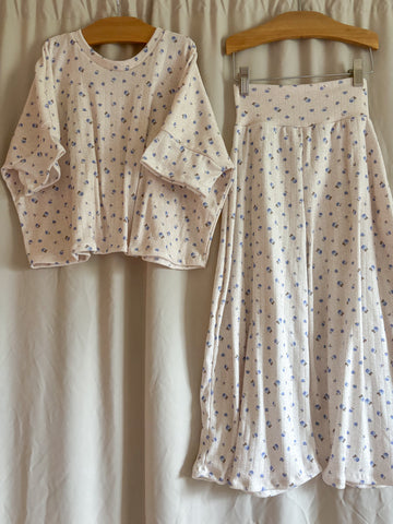 blue/oatmeal cotton pointelle boxy tee + cropped wide leg pants