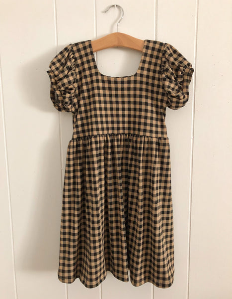 fall gingham rib puff sleeve babydoll dress