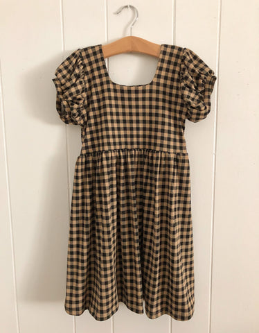 fall gingham rib puff sleeve babydoll dress