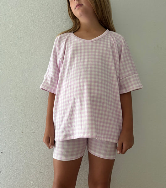 blush gingham rib boxy tee + bike shorts
