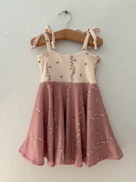 Floral pointelle 2-toned tie twirl dress