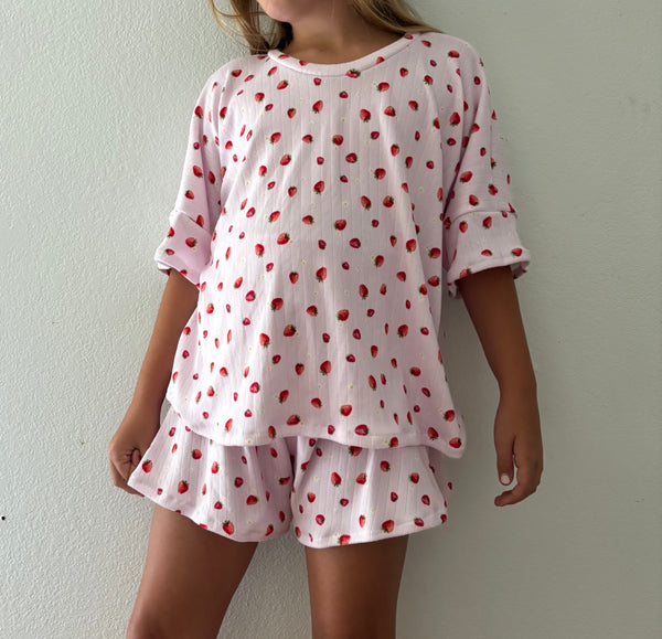 blush strawberry cotton pointelle boxy tee + lounge shorts