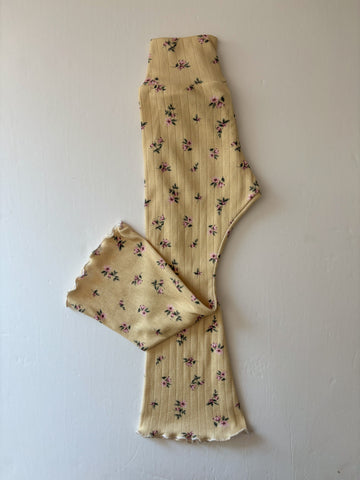 vintage yellow floral pointelle lettuce edge flared leggings