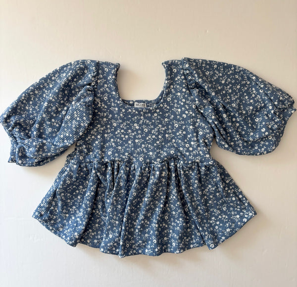 chambray floral rib bohemian peplum top