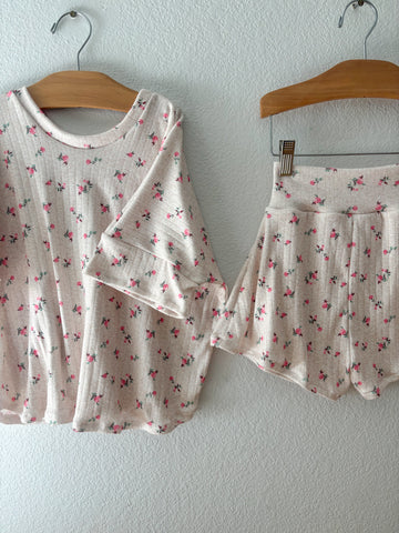 pink/oatmeal floral cotton pointelle boxy tee + lounge shorts