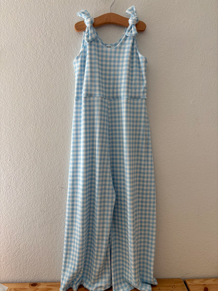 sky gingham rib knotted jumper