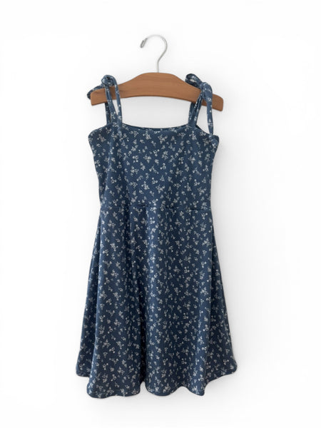 denim floral rib tie mini dress