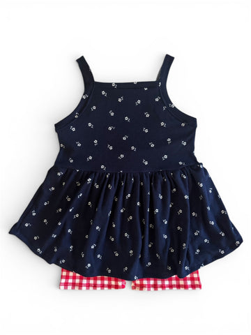 navy floral rib camisole peplum + red gingham bike shorts set