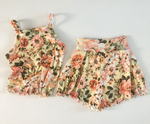 pale yellow floral brushed lettuce edge camisole + lounge shorts