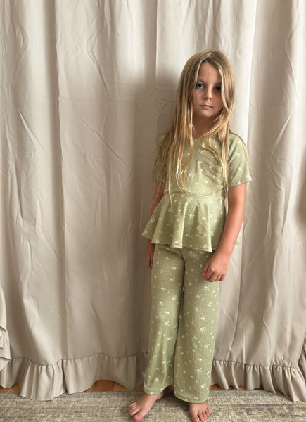 sage floral pointelle flare top + straight leg pants