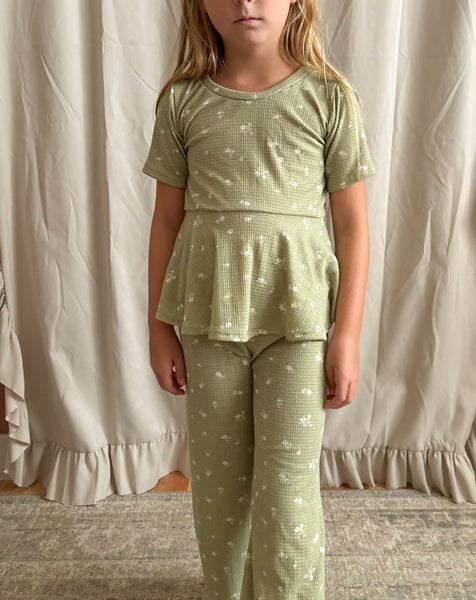 sage floral pointelle flare top + straight leg pants