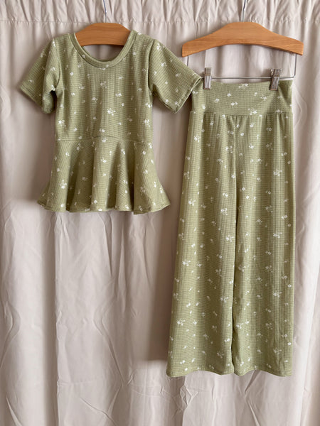 sage floral pointelle flare top + straight leg pants